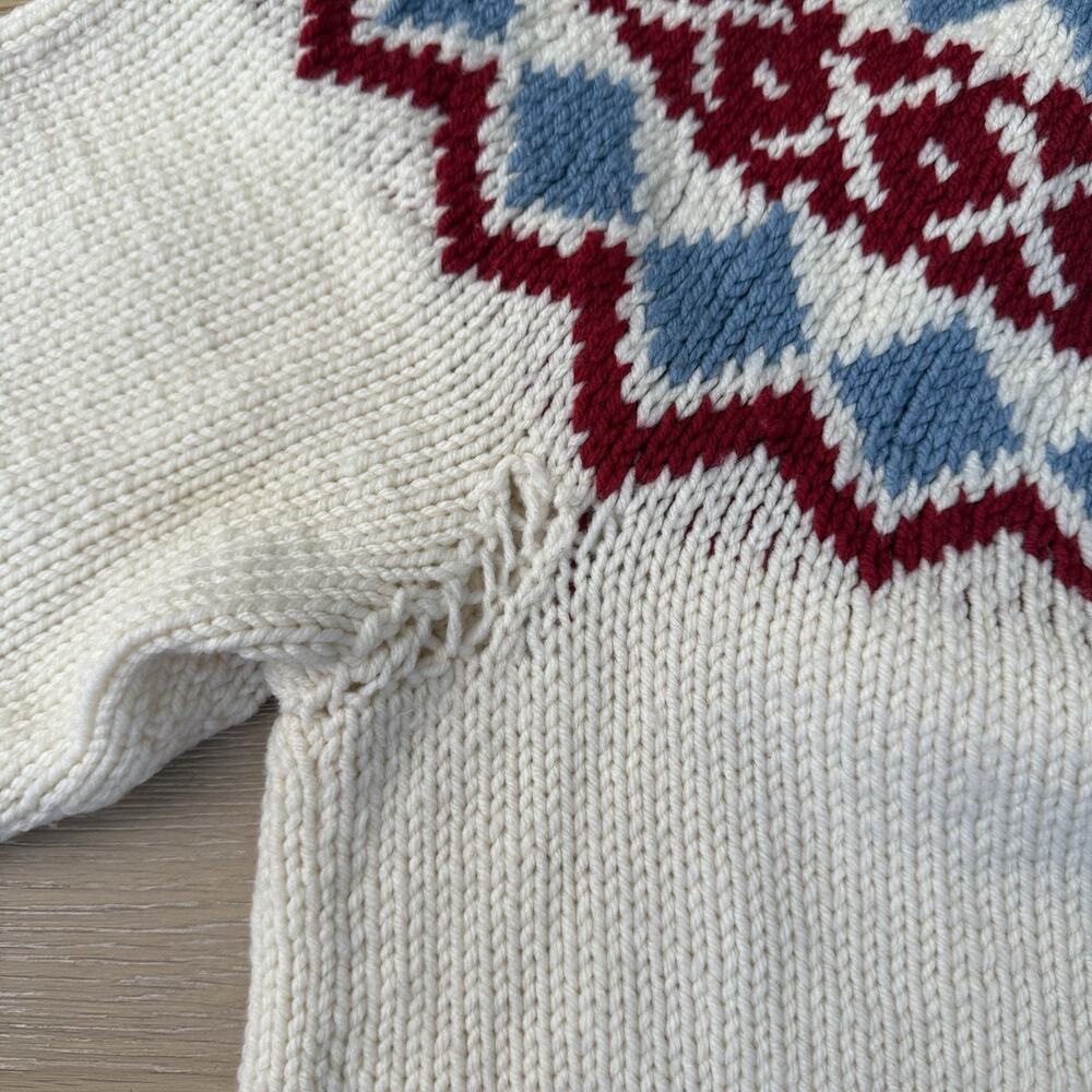Vintage Icelandic Fair Isle Sweater Handmade White Blue Red Yolk L Non Wool - Picture 8 of 10